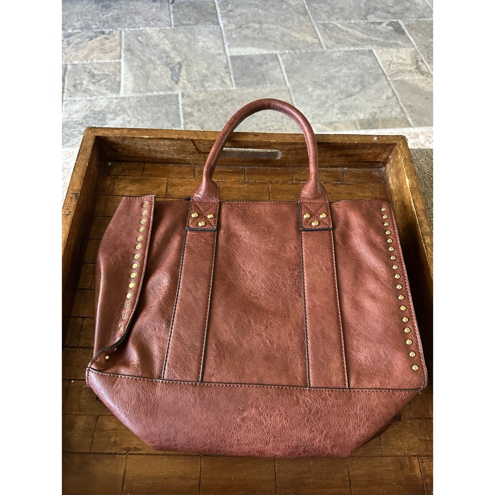 Dasein Brown Vegan Leather Studded Tote Bag Satchel with Matching Pouch Gold EUC - Picture 2 of 16